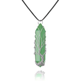 VIBILIA Healing Crystal Necklace Tree of Life Wire Wrapped Natural Green Aventurine Stone Point Pendant Necklace Hexagonal Reiki Spiritual Quartz Gemstone Jewelry for Women Men - Silver