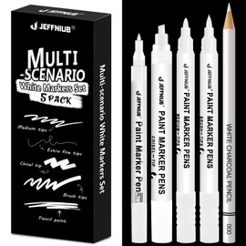 JEFFNIUB White Pen for Art, Pack of 5, Multimarker with Brush, Brush, Fineliner & Pencil, Opaque White Pen for Black Paper, Waterproof Caligraphy Pen for Drawing, Writing