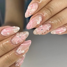 Vopintpy 3D Flower Butterfly Press on Nails Blush Gradient Fake Nails with Design Ballerina Long Almond Artificial Stick on Nail Glossy Full Cover Acrylic Glue on Nail for Women DIY Manicure