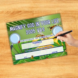 2025 VBS Certificate of Completion Magnify God In Your Life - 50pk 8.5x11” Vacation Bible School Award Participation Magnifying Glass Psalms