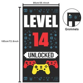 Level 14th Unlocked Happy 14th Birthday Level Up Banner Backdrop Background Photo Booth Props Video Games Gamepad Teen Theme Decor for Boys Girls 14th Birthday Party Favors Supplies Decorations