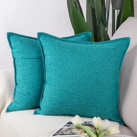 Madizz Set of 2 Linen Cushion Covers 16x16 inch, 40x40 cm, Teal Soft Decorative Throw Pillow Cases for Sofa Bedroom Pillow Shell
