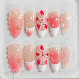 Handmade Press on Nails Almond Medium 3D Floral White French Tip Thick Acrylic Fake Nails False Nails with Pink Flower Pearls Water Ripple Designs Sturdy Nail Art Press on Nails 10Pcs(S)