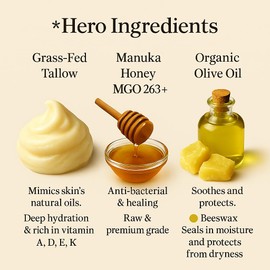 Azmera Beauty 100% Grass-Fed Beef Tallow Balm, Manuka Honey MGO 263+, Organic Beeswax & Olive Oil, Beef Tallow for skin,Handmade Moisturizer for Dry Skin, Eczema Relief, & Healing Skin(2oz)