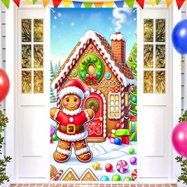 BlissYard Christmas Gingerbread House Door Cover Holiday Winter Decoration for Front Door 35 x 71 Inch Outdoor Xmas Banner Party Welcome Sign