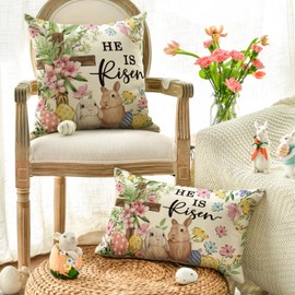 AVOIN colorlife He is Risen Easter Throw Pillow Cover Set of 2, 12 x 20 and 18 x 18 Inch Bunnies Flowers Cross Cushion Case Decoration for Sofa Couch