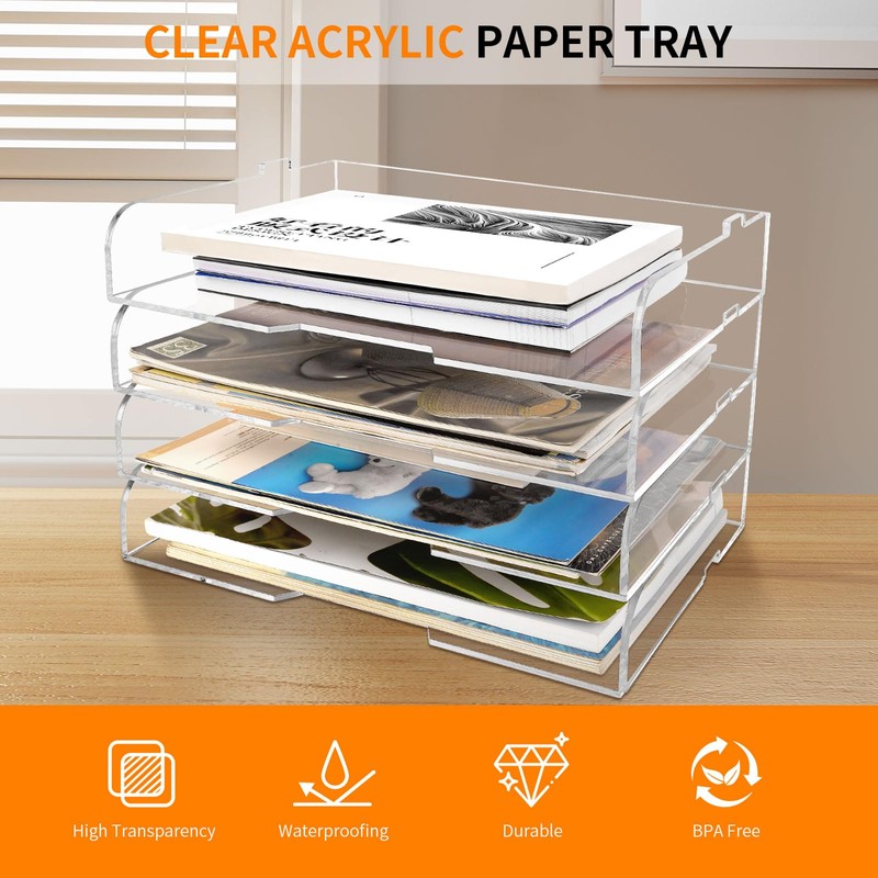 4 Pack- Stackable Paper Letter Tray,Clear Acrylic Magazine Holder and