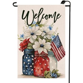 Independence Day Floral Mason Jar Garden Flag 12x18 Double Sided Burlap Patriotic Flowers Red Blue 4th of July Memorial Day Holiday Outside Yard Decoration MG03
