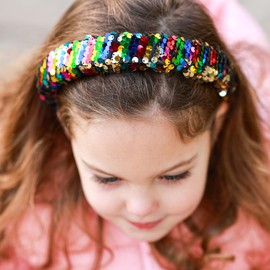 FROG SAC Flip Sequin Headband for Girls, Wide Headbands for Kids, Sparkly Sequined Toddler Hair Bands, Sparkle Head Band Hair Accessories, Easter Basket Fillers Stocking Stuffers (Rainbow/Gold)
