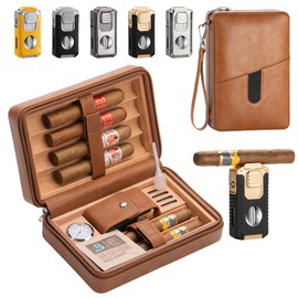 Cigar Humidor Box, Cigar Lighter with V Cut(Random Colour） Cedar Wood Lined Leather Cigar Case Build in Hygrometer and Humidifier, Travel Cigar humidor kit, Cigar Accessories Set for Man.(No Butane)