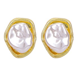 Baroque Pearl Stud Earrings for Women, Elegant Plated Irregular Chunky Big Studs, Gold Flat Statement Vintage Freshwater Pearl Earrings Trendy Jewelry Gift for Women Birthday Anniversary Wedding