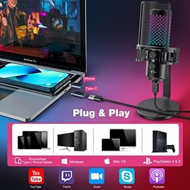 Gaming Mikrofon PC, RGB Ganzmetall USB Kondensator Mikrofon mit Adapter für Handy, StummGain, Schwingungsdmpfer, für Streaming,Podcast, Recording,