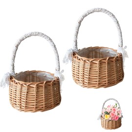 2 Pieces Rattan Flower Basket with Handle, Wedding Flower Girl Basket with Bow, Rattan Flower Basket for Home, Woven Baskets, Small Wicker Basket, Flower Girl Basket with Handle, Wicker Basket Rattan