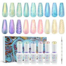 CHARMACY Pearl Gel Nail Polish Set, 6 Colors Shimmer Blue Pink Yellow Shell Thread Nail Polish Gel, Aurora Thread Shell Gel, Mermaid Nails Swirl Shell Thread Effect Glitter Soak Off UV LED