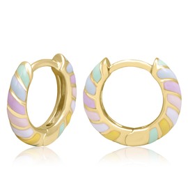 Gold Plated Sterling Silver Pastel Rainbow Enamel Huggie Hoop Earrings for Women – 13MM