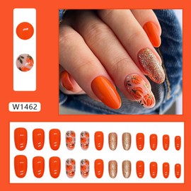 Thanksgiving Press on Nails Glitter Fake Nails Medium Almond Shaped False Nails Pumpkin Design Glossy Fake Nails Autumn Stick on Nails Orange Glue on Nails Acrylic Nail Kit for Women Manicure 24 Pcs