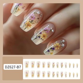 24Pcs Flower Press on Nails Medium Ballet Shaped Full Cover Glossy Spring Summer Acrylic False Nail Floral Pearl Design Artificial Stick on Nails Reusable Blossom Press Ons Glue on Nails for Women