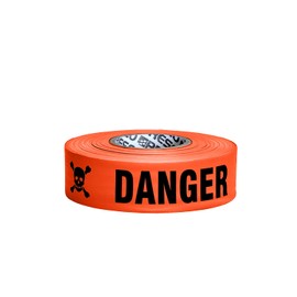 Presco Printed Flagging Tape: 1-1/2 in. x 50 yds. (Neon Orange with Black Skull & Crossbones Icon And "DANGER" printing) [NON-ADHESIVE]