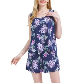CHUNG Women's Short Pajama Set Cotton Tank Tee Top Pjs Shorts Cute Animals Print Summer Plus Size Purple Flower, L
