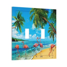 Summer Beach Theme 2 Gang Double Toggle Light Switch Cover Funny Flamingo and Blue Sky Ocean Decorative Wall Plate Electrical Faceplate Tropical Plant Palm Leaf Farm Bathroom Home Living Room Decor