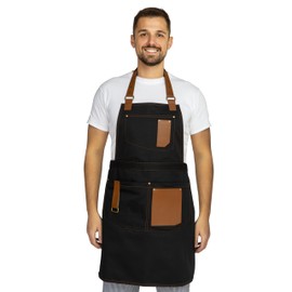 PALLTEX Gerard Cooking Apron Men & Women BBQ Apron - Kitchen Apron with Pockets & Eco Leather - Adjustable Apron for Barista, Cook, Catering & Barbecue, black