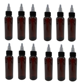 Natural Farms 2 oz Amber Cosmo Plastic Bottles -12 Pack Empty Bottle Refillable - BPA Free - Essential Oils - Aromatherapy | Black/Natural Twist Top Cap - Made in the USA