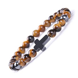 Cross Beaded Bracelet Natural Stone Stretch Prayer Bracelet Anti Depression Anxiety Gifts, Stone, no gemstone