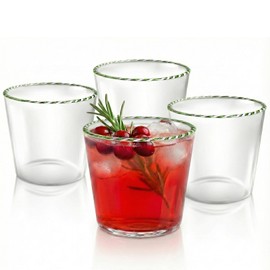 Gusto Buono Holiday Drinking Glasses Set of 4, 13 oz Borosilicate Old Fashioned Lowball Tumblers, Green & White Candy Cane Rim, Vintage Cocktail Glassware, Dishwasher & Microwave Safe