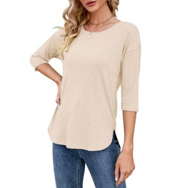 Kancystore Casual Tops for Women 3/4 Sleeve Cotton Stretch Crew Neck T-Shirts Cream M