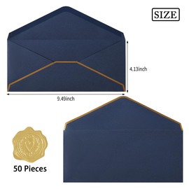 50 Pack #10 Business Envelopes with Gold Border, Self Seal Standard Envelopes with Gold Stickers for Office, Checks, Letter Mailing, Invoices, 4 1/8 x 9 1/2 Inches (Navy Blue)