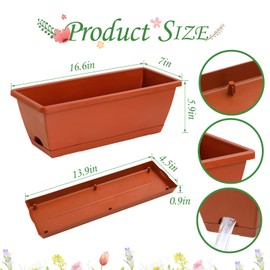 Lysjtsr 12Pcs 17Inches Rectangle Planter Box with Drainage Holes and Trays Plastic Planters Flower Boxes Pots for Indoor Outdoor Plants Patio Garden Home Decor Porch Yard (Red)