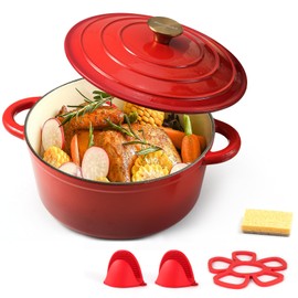 Parmedu Cast Iron Dutch Oven with Lid: 5.5 QT Enameled Cast Iron Dutch Oven, Sturdy Cookware for All Cooktops, Braising, Stews, Roasting, Bread Baking, Red
