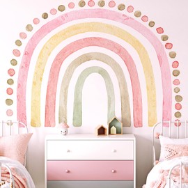 Kingarch Large Pink Rainbow Wall Decals, Boho Dots Peel and Stick Fabric Nursery Wall Decor, Removable Home Room Wall Decor Murals Stickers for Kids Girls Toddler Bedroom Living Room Playroom
