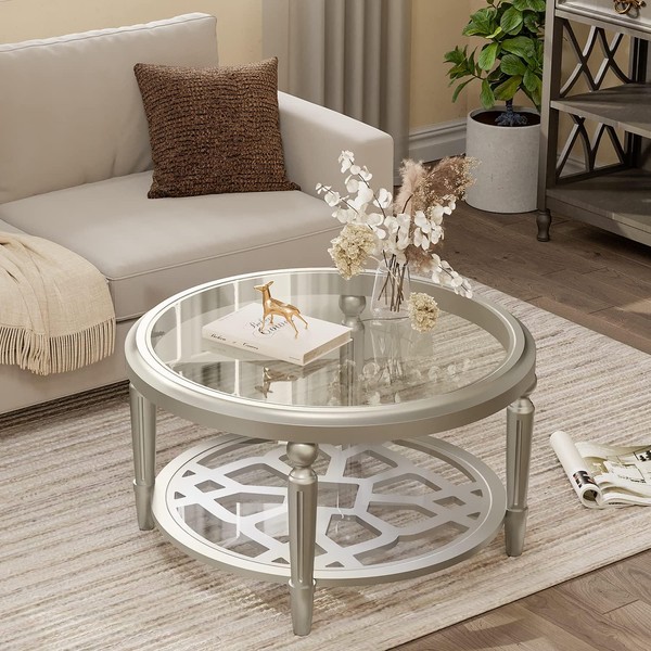 COSIEST Round Coffee Table, MDF Sofa Table with Storage Open
