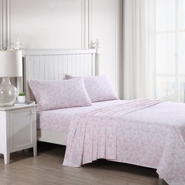 Laura Ashley Home King Sheet Set, Soft Sateen Cotton Bedding Set - Sleek, Smooth, & Breathable, Bella Pink