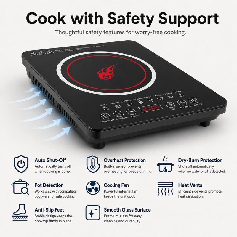 Portable Induction Cooktop, 110V Countertop Single Burner - 8 Power