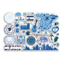 A5 Sticker Sheet Spain Blue Landmarks Vinyl Stickers - Spanish Map Airport Stamp Skyline Flag Travel Holiday Country City Aesthetic #80316