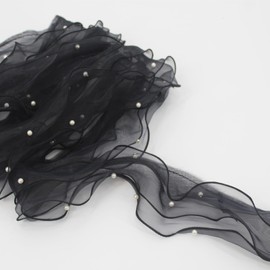 SUNMOVE 5 Yards Pearl Trim Organza Lace Ribbon Ruffles Beaded Lace Edge Trim Wedding Dress Bridal Ribbon Sew On Applique Cloth Bag Hat Dress Decoration (Black,5 Yards)
