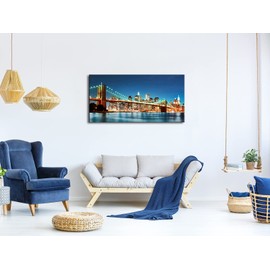 Pyradecor Large Modern New York Cityscape Canvas Wall Art Brooklyn Bridge Night View Canvas Prints Stretched Landscape Pictures Paintings Artwork for Living Room Home Decorations L