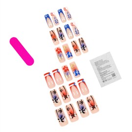 Independence Day Press on Nails French Tip Fake Nails with Designs American Flag Glue on Fingernails Medium Square Artificial Nails Summer Flower Acrylic False Nails for Women