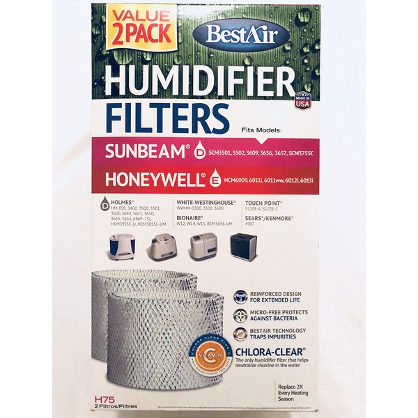 BestAir H75-2 Pack, Holmes Replacement, Paper Wick Humidifier Filter, 7.9" x 2.6" x 14"