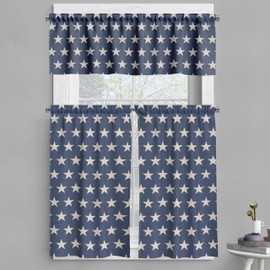 Ambesonne Star Valance & Tier Curtain 3 pcs Set, Patriotic Star of The American Flag Independence Themed Freedom Concept USA, Window Treatments for Kitchen Room Decor, 55" x 36", Violet Blue and Tan
