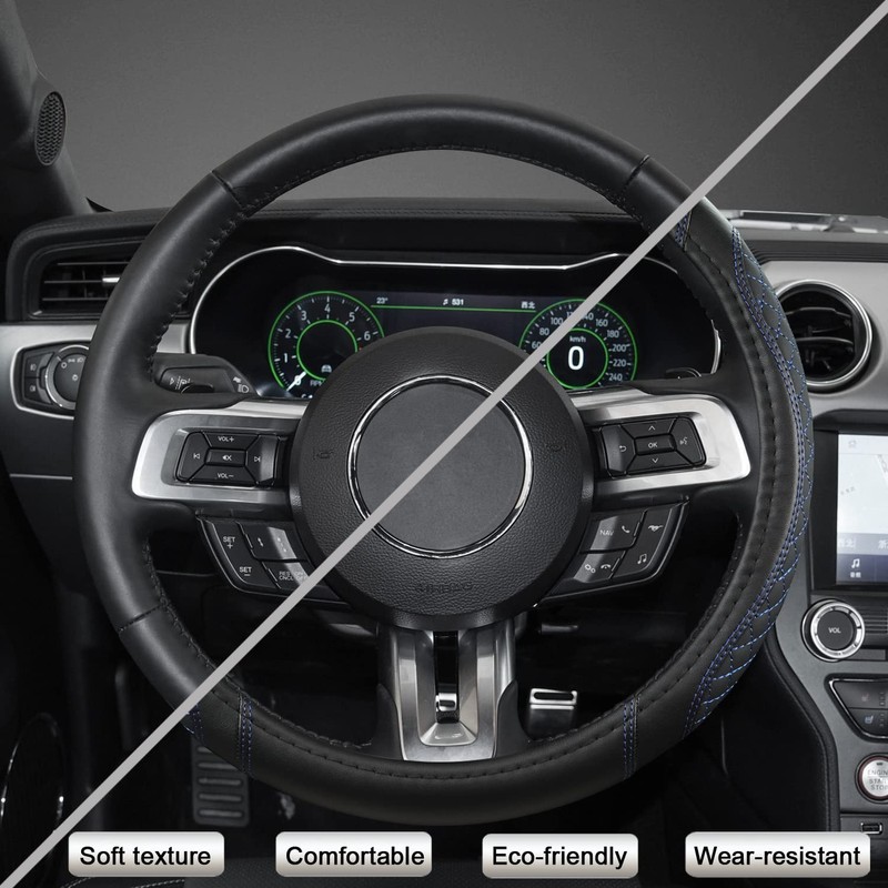 West Llama Car Steering Wheel Cover for Ford Escape,Explorer,Fusion,Focus,Bronco,Transit,Edge(Diamond Quilted-Black+Blue-