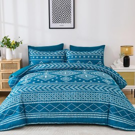 Yiran Teal Blue Comforter King Size, 7 Piece Boho Aztec Bedding Set, Geometric Bed in a Bag King, Soft Microfiber Bohemian Striped Complete Bedding Set with Sheets for All Season