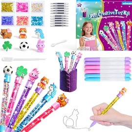 MOMUSE DIY Pen Making Kit, Fun Pen Creator Studio – Make 6 Sparkly Glitter Pens & Stitch Your Own Pen Holder, Creative Craft Toy Sewing Kits for Kids Girls Tweens 6 7 8 9 10 11 12 Birthday Gift