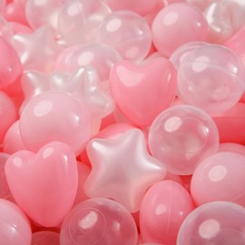 TRENDPLAY Big Star & Heart Shaped Ball Pit Balls - 200 Larger Plastic Balls Set, Different Shapes for Toddlers, Pink+Light Pink+Pearl White+Clear
