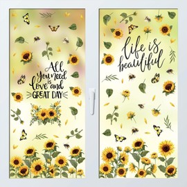 WALPLUS Spring Window Clings Home Decorations Sale Clearance Removable Reusable Double-Sided Print Decals for Glass Living Room Sunflowers Watercolour with Butterflies and Bees 114 Pieces