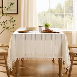 ZeeMart Hemstitched Embroidery Striped Boho Tablecloth 54x70 Inch Ivory, Heavy Weight Farmhouse Burlap Linen Off White Tablecloth, Wrinkle Resistant Washable Table Cloth for Rectangle Table