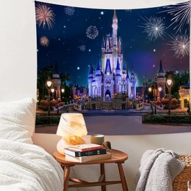 RichIdeas Castle Tapestry 60x44 Inches Firework Night Fantasy Tapestries Wall Hanging Blanket for Kids Bedroom Living Room Dorm RITADJ1305