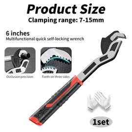 Wjelet Self Locking Wrench 6", Function Adjustable Spanner Chrome-Vanadium Steel, Strong Clamping, Large Opening 7-15mm, for Auto Repair Mechanical DIY, with Gloves